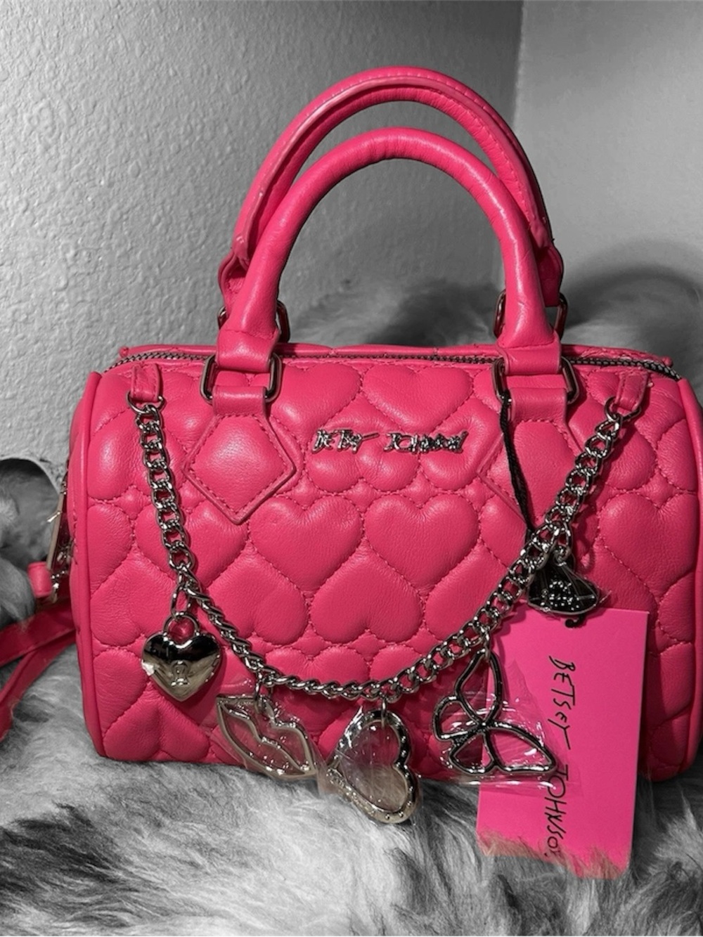 Betsey Johnson Bright Pink Quilted Heart Satchel with Charm Chain NWT